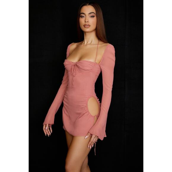 House of CB Baby Pink Chiffon Cutout Halter Mini Dress Size M Medium - Picture 2 of 10